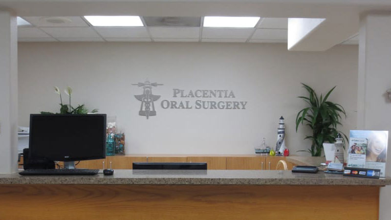 Reception desk lobby area at Placentia Oral Surgery in Placentia, CA
